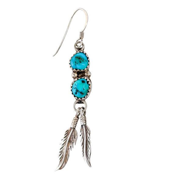 Turquoise Feather Single Dangle Earring | Southwest Vintage Sterling Silver 925 - Picture 3 of 7